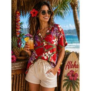 Tapestry Womens Red Tropical Floral Rayon‎ Hawaiian Camp Shirt Short Sleeve Med